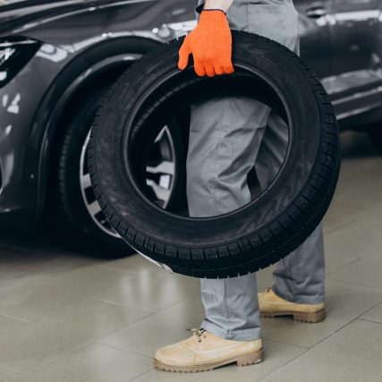 Mechanic changing tires in a car service