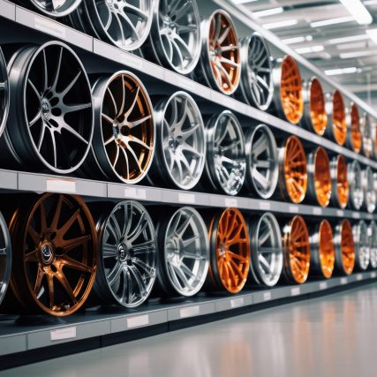 Sleek showroom displays  array of modern car rims.